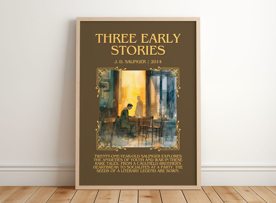 Three Early Stories Minimalist Book Poster by J. D. Salinger – framed print leaning on a wooden floor