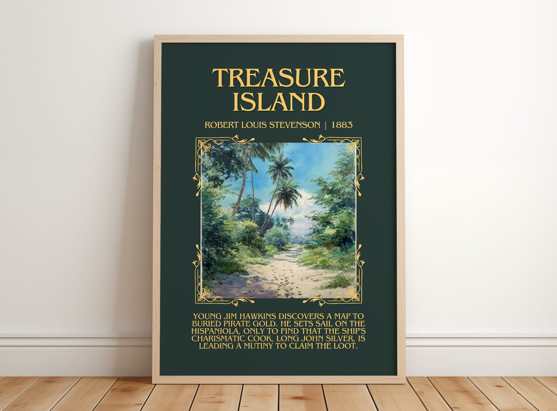 Treasure Island Minimalist Book Poster by Robert Louis Stevenson – framed print leaning on a wooden floor