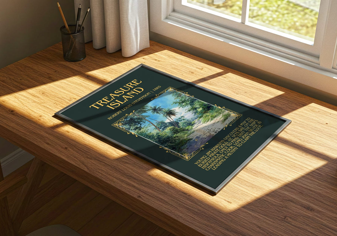 Treasure Island Minimalist Book Poster by Robert Louis Stevenson – print on a sunlit desk