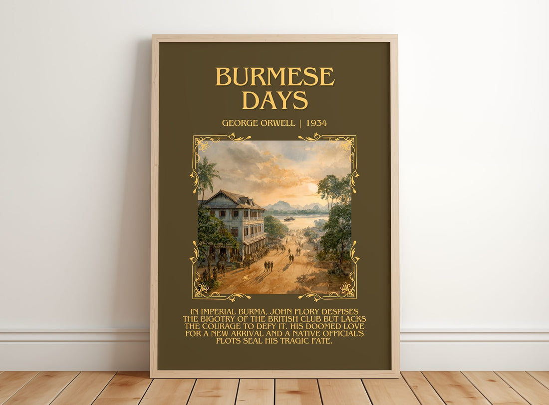 Burmese Days Minimalist Book Poster by George Orwell – framed print leaning on a wooden floor