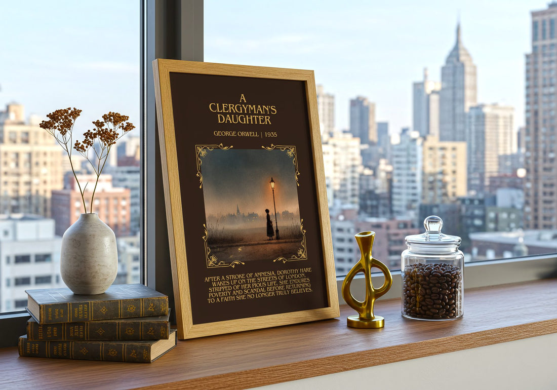 A Clergyman'S Daughter Minimalist Book Poster by George Orwell – framed print on a city-view windowsill