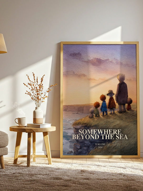 Somewhere Beyond The Sea watercolour print in frame leaning in hallway – fantasy wall art