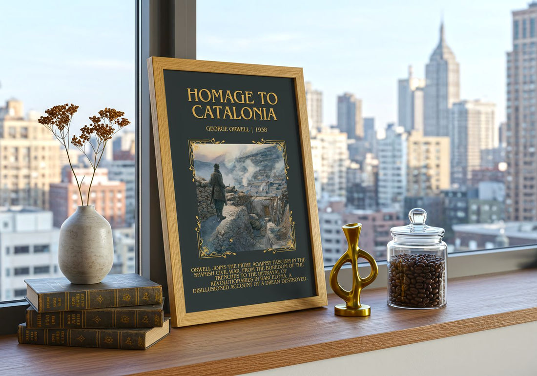 Homage To Catalonia Minimalist Book Poster by George Orwell – framed print on a city-view windowsill