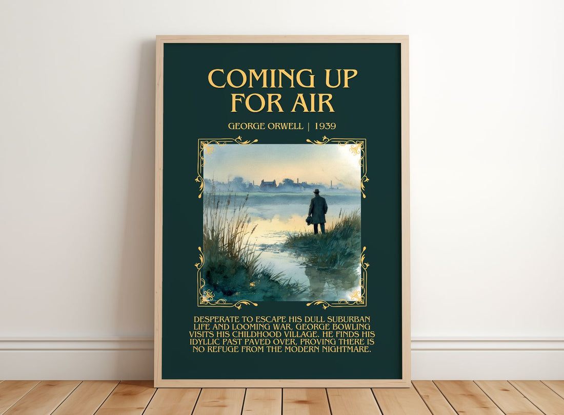 Coming Up For Air Minimalist Book Poster by George Orwell – framed print leaning on a wooden floor
