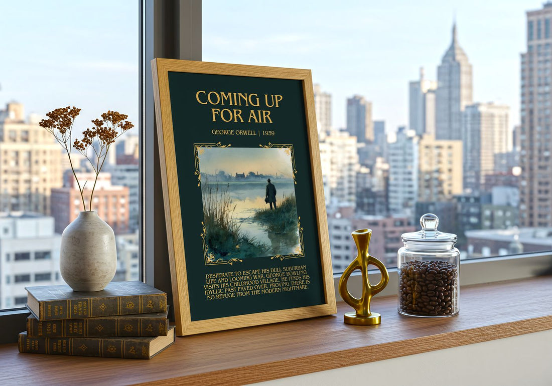 Coming Up For Air Minimalist Book Poster by George Orwell – framed print on a city-view windowsill
