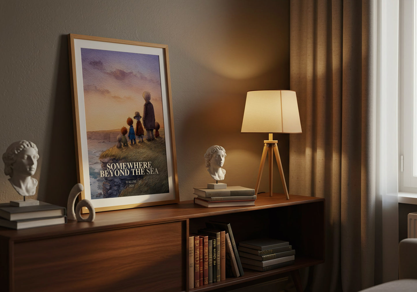 Somewhere Beyond The Sea watercolour print on bookshelf – Tj Klune fan gift