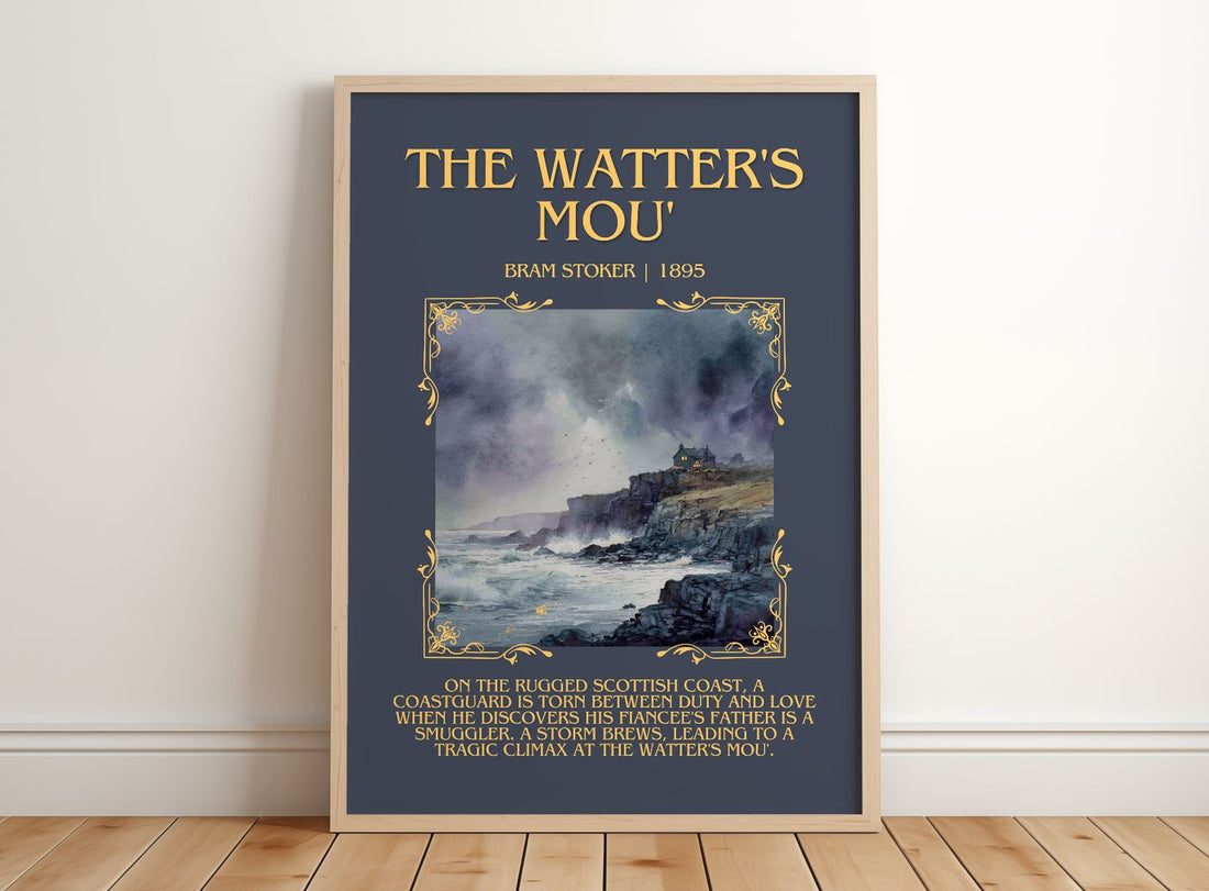 The Watter'S Mou' Minimalist Book Poster by Bram Stoker – framed print leaning on a wooden floor