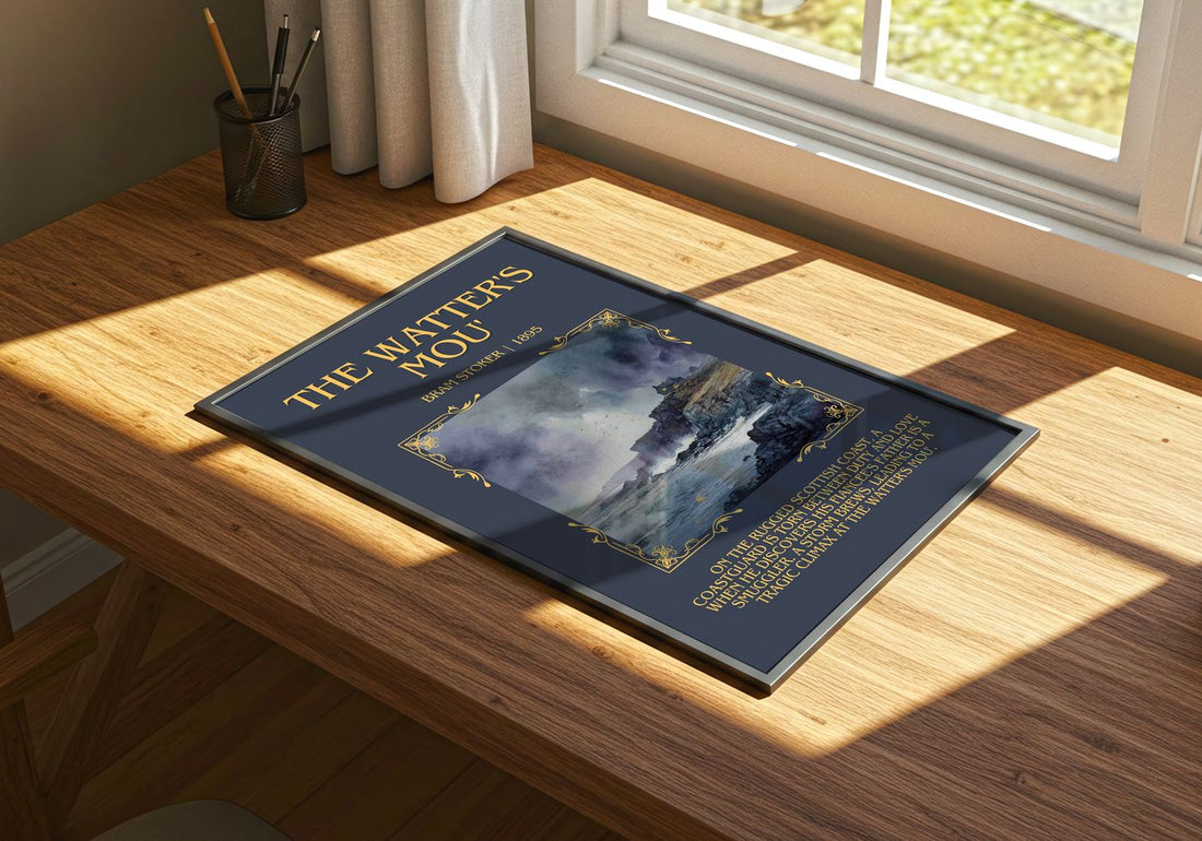 The Watter'S Mou' Minimalist Book Poster by Bram Stoker – print on a sunlit desk