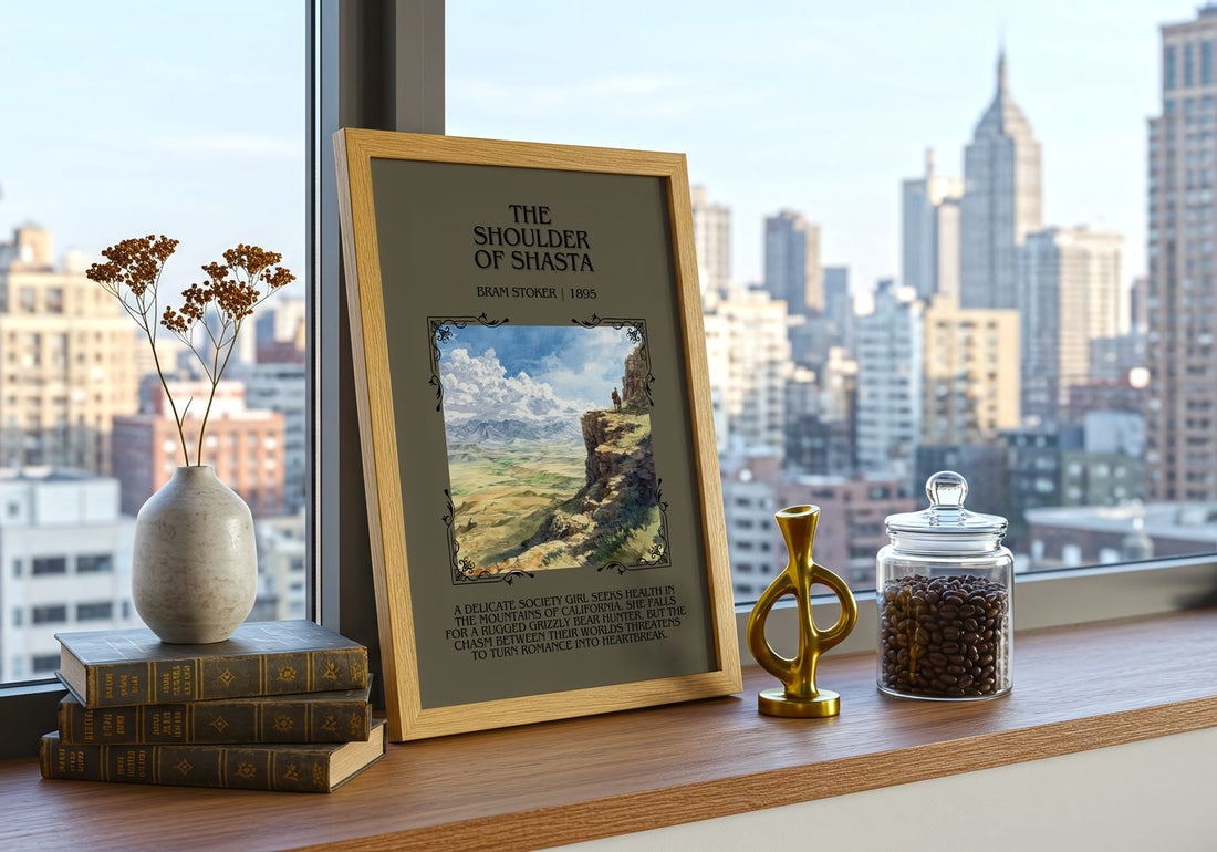 The Shoulder Of Shasta Minimalist Book Poster by Bram Stoker – framed print on a city-view windowsill