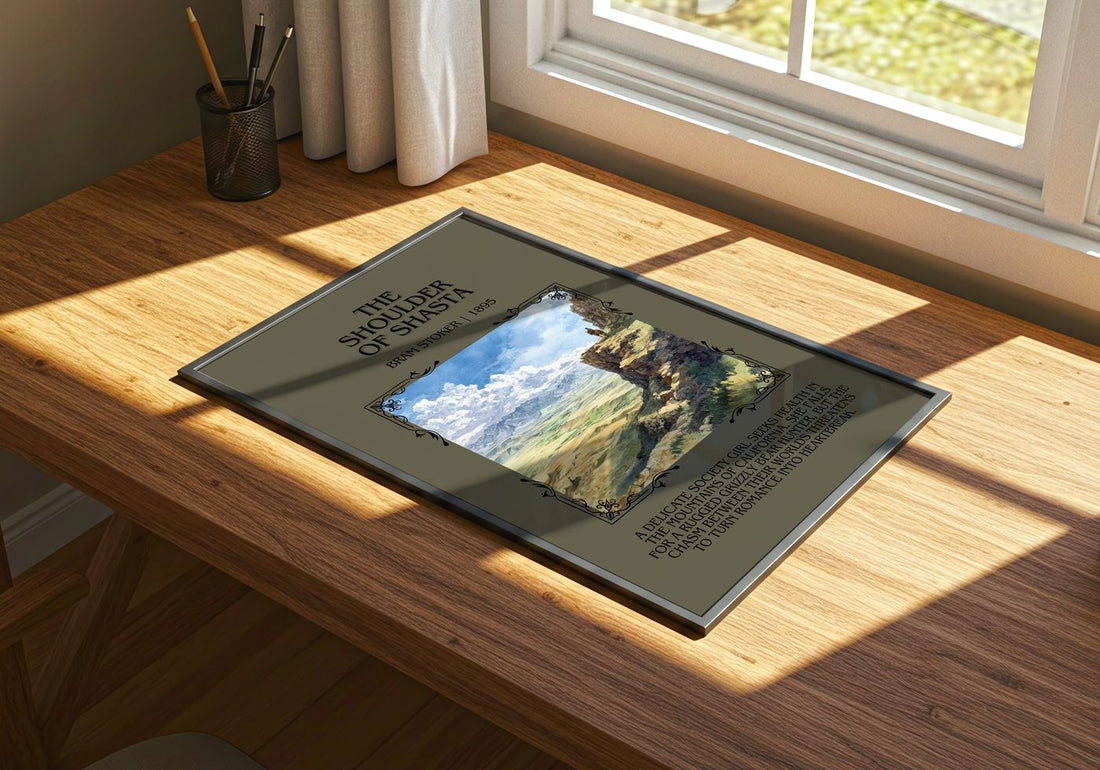 The Shoulder Of Shasta Minimalist Book Poster by Bram Stoker – print on a sunlit desk