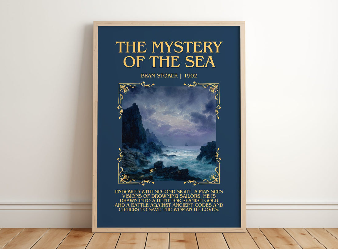 The Mystery Of The Sea Minimalist Book Poster by Bram Stoker – framed print leaning on a wooden floor