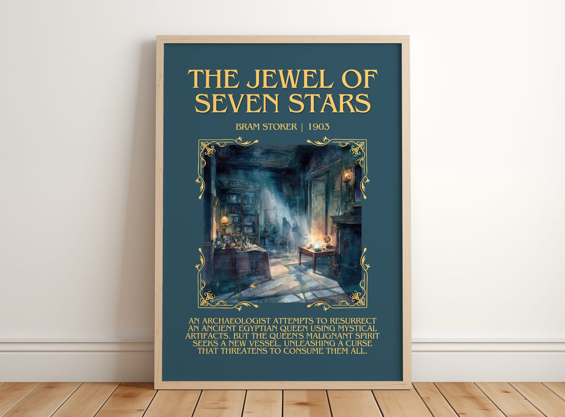 The Jewel Of Seven Stars Minimalist Book Poster by Bram Stoker – framed print leaning on a wooden floor