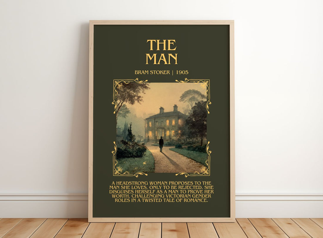 The Man Minimalist Book Poster by Bram Stoker – framed print leaning on a wooden floor