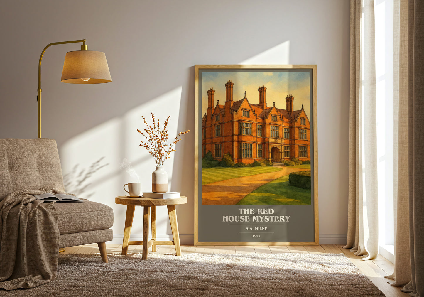 the red house mystery book cover print on bookshelf – a.a. milne fan gift