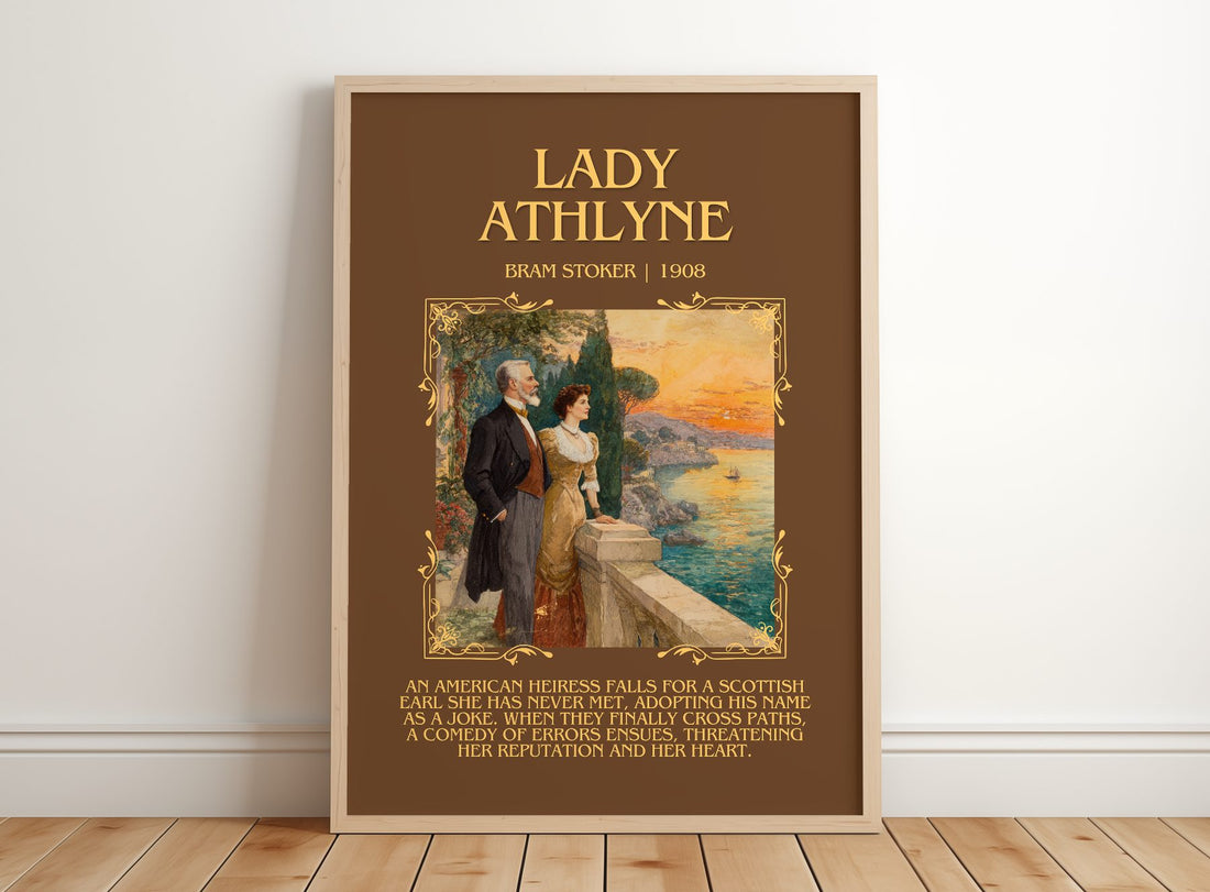 Lady Athlyne Minimalist Book Poster by Bram Stoker – framed print leaning on a wooden floor