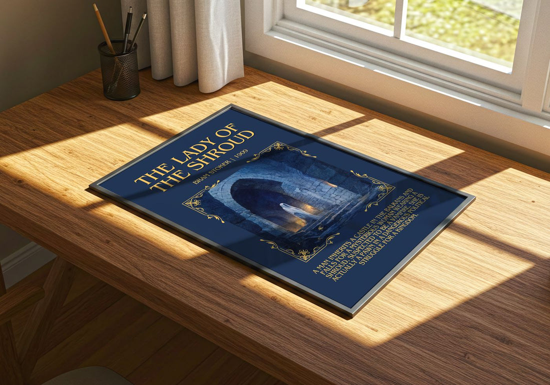 The Lady Of The Shroud Minimalist Book Poster by Bram Stoker – print on a sunlit desk