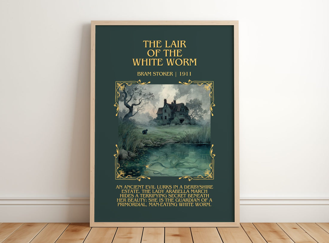The Lair Of The White Worm Minimalist Book Poster by Bram Stoker – framed print leaning on a wooden floor