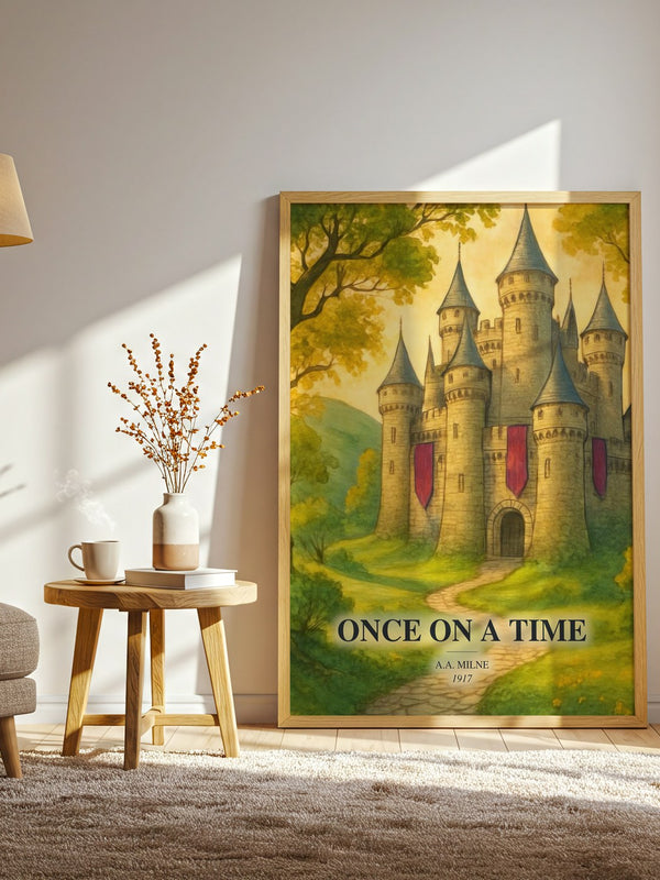 Once On A Time watercolour print in frame leaning in hallway – childrens wall art