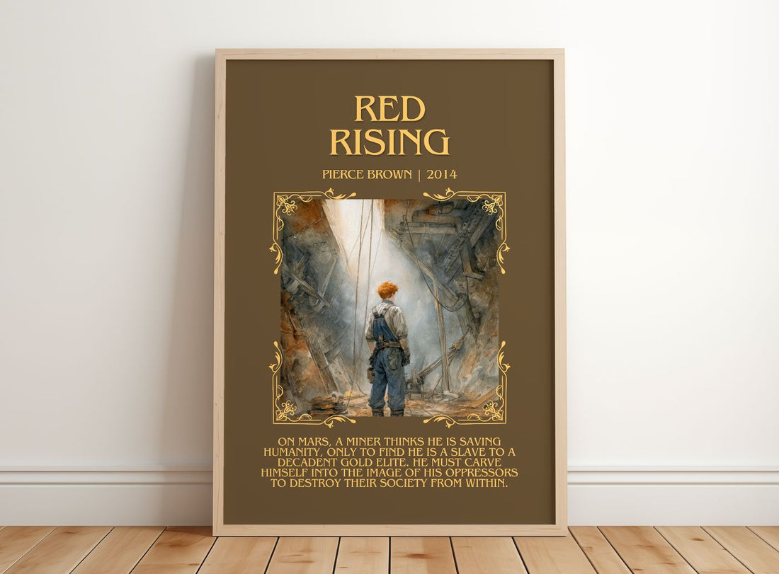 Red Rising Minimalist Book Poster by Pierce Brown – framed print leaning on a wooden floor