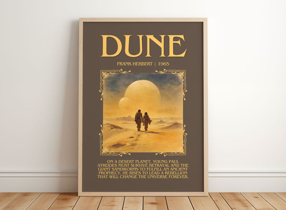 Dune Minimalist Book Poster by Frank Herbert – framed print leaning on a wooden floor
