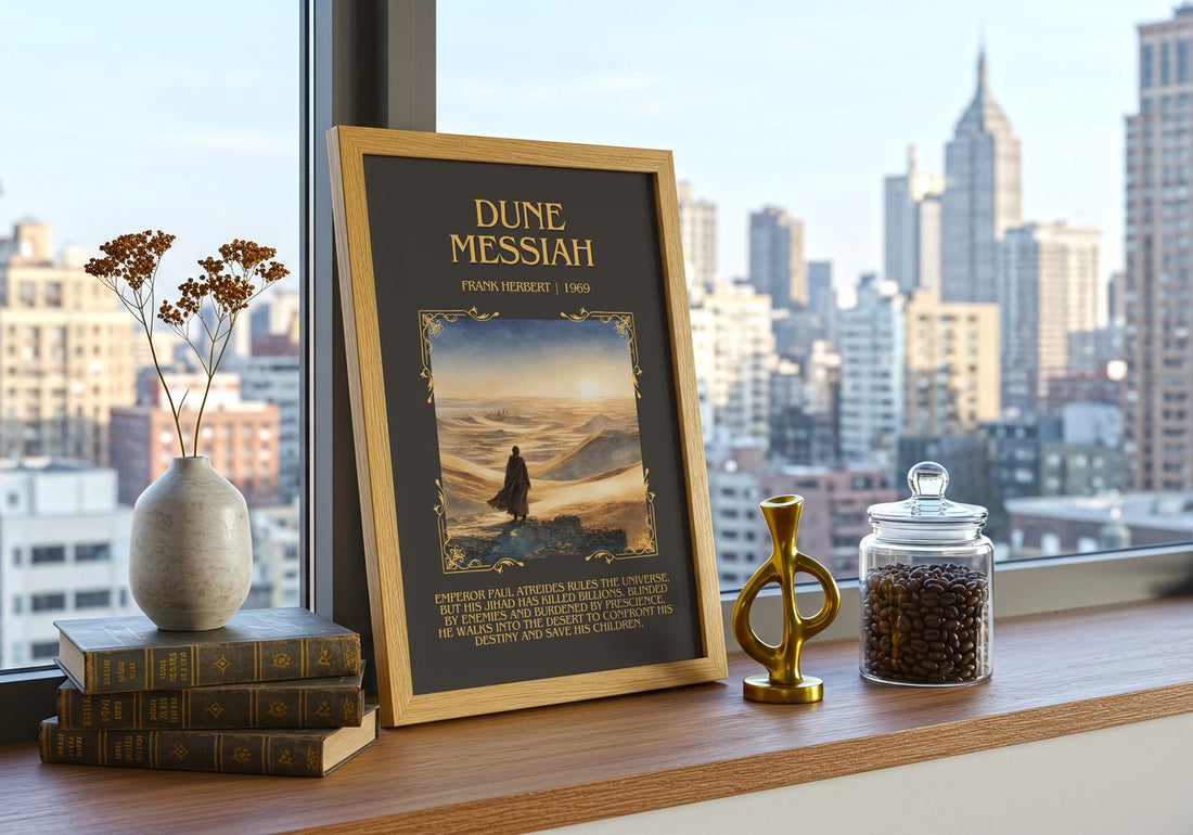 Dune Messiah Minimalist Book Poster by Frank Herbert – framed print on a city-view windowsill