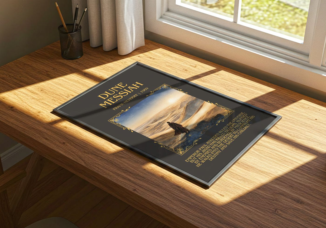 Dune Messiah Minimalist Book Poster by Frank Herbert – print on a sunlit desk