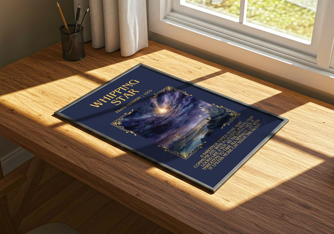 Whipping Star Minimalist Book Poster by Frank Herbert – print on a sunlit desk