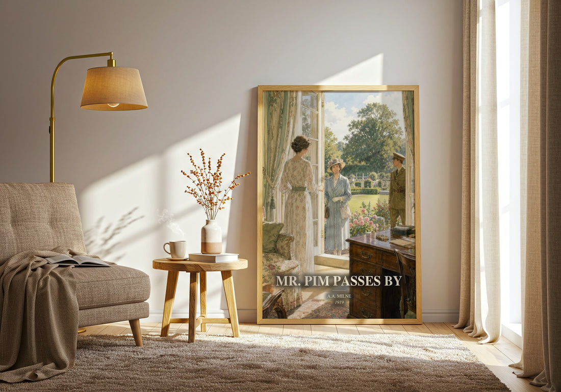 Mr. Pim Passes By watercolour print in frame leaning in hallway – classic literature wall art (mockup)