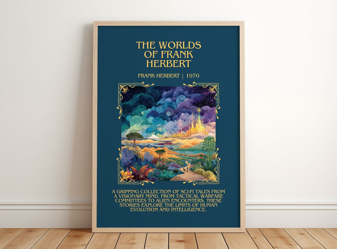 The Worlds Of Frank Herbert Minimalist Book Poster by Frank Herbert – framed print leaning on a wooden floor