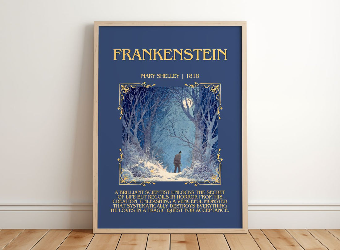 Frankenstein Minimalist Book Poster by Mary Shelley – framed print leaning on a wooden floor