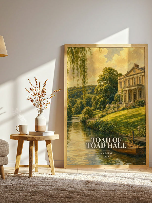 Toad Of Toad Hall watercolour print in frame leaning in hallway – childrens wall art