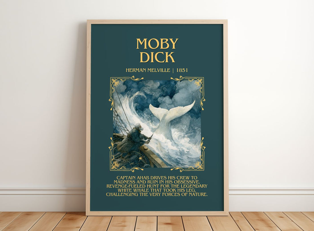 Moby Dick Minimalist Book Poster by Herman Melville – framed print leaning on a wooden floor