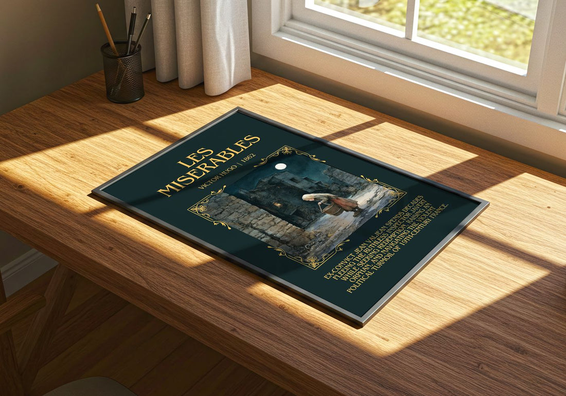 Les Misérables Minimalist Book Poster by Victor Hugo – print on a sunlit desk