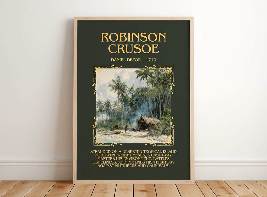 Robinson Crusoe Minimalist Book Poster by Daniel Defoe – framed print leaning on a wooden floor