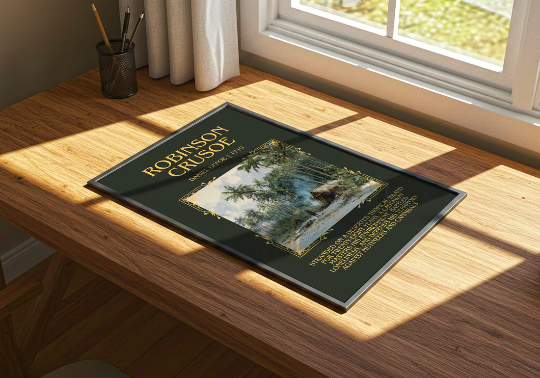 Robinson Crusoe Minimalist Book Poster by Daniel Defoe – print on a sunlit desk