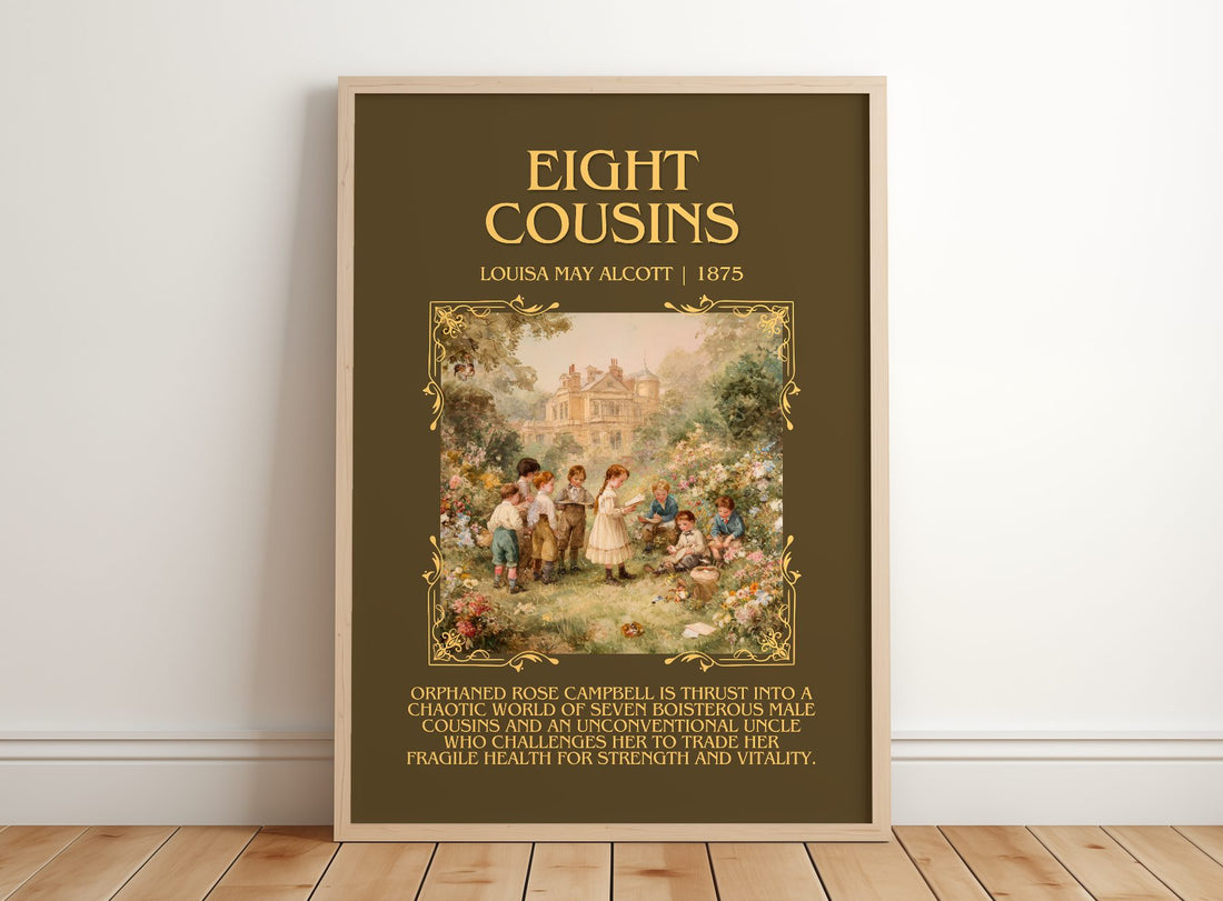 Eight Cousins Minimalist Book Poster by Louisa May Alcott – framed print leaning on a wooden floor