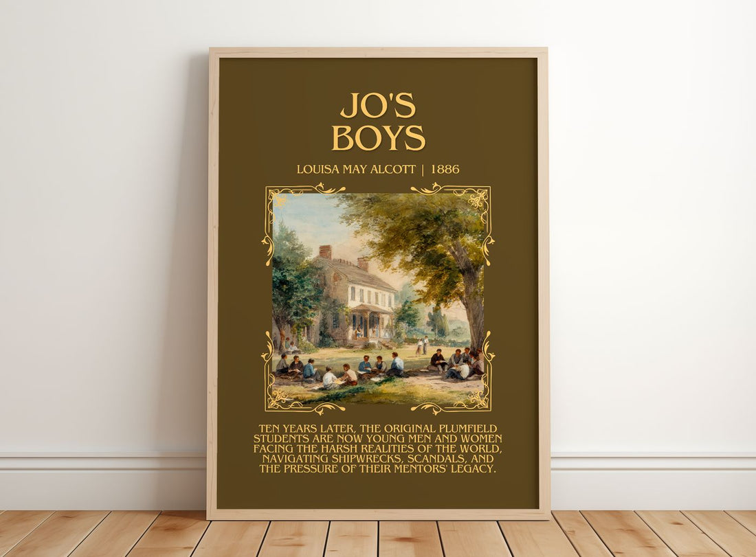 Jo'S Boys Minimalist Book Poster by Louisa May Alcott – framed print leaning on a wooden floor