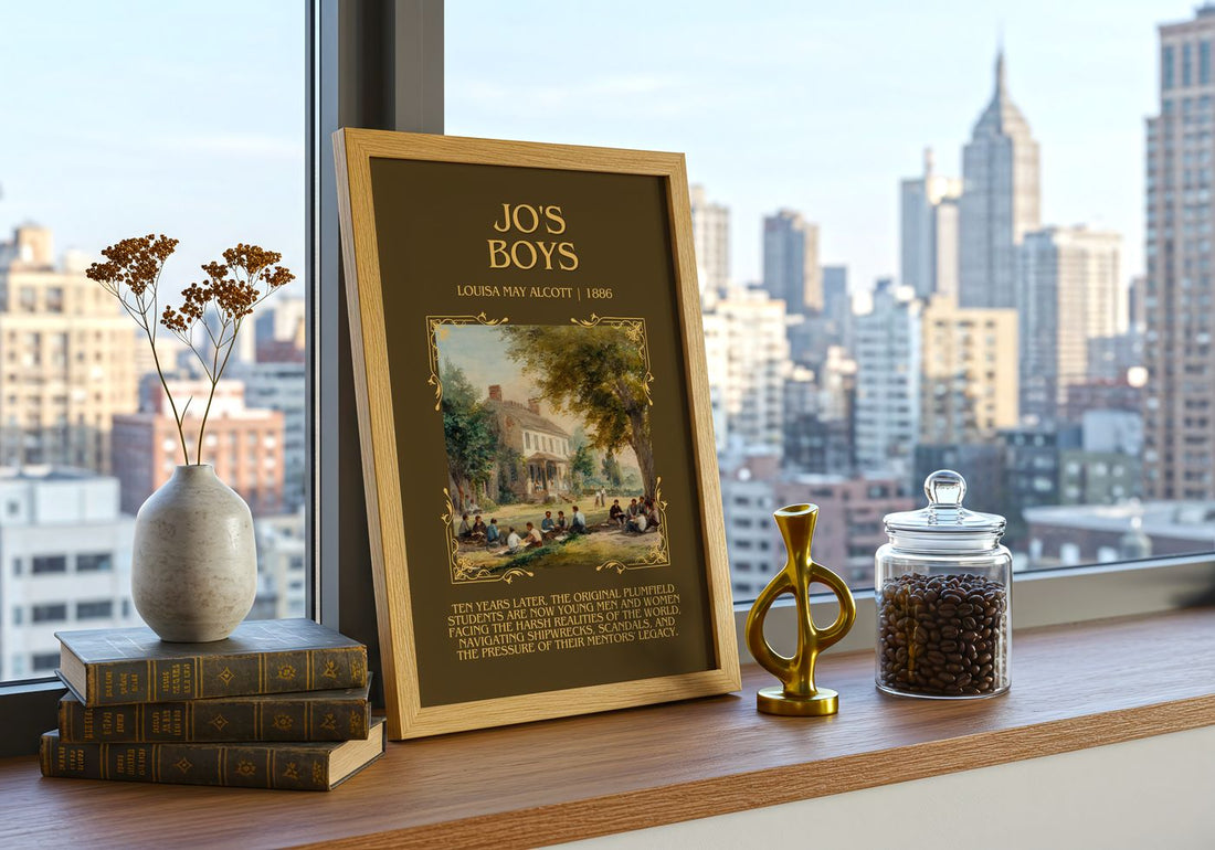 Jo'S Boys Minimalist Book Poster by Louisa May Alcott – framed print on a city-view windowsill