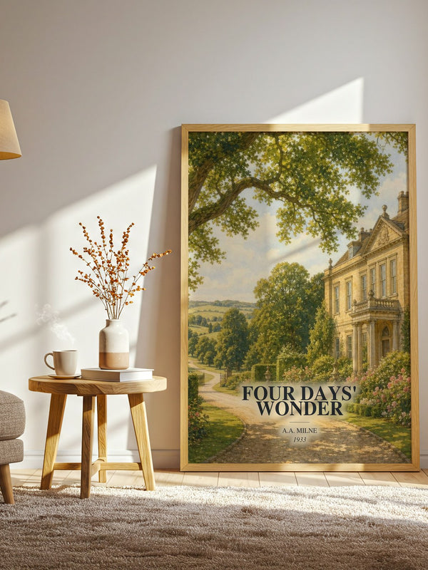 Four Days' Wonder watercolour print in frame leaning in hallway – mystery wall art