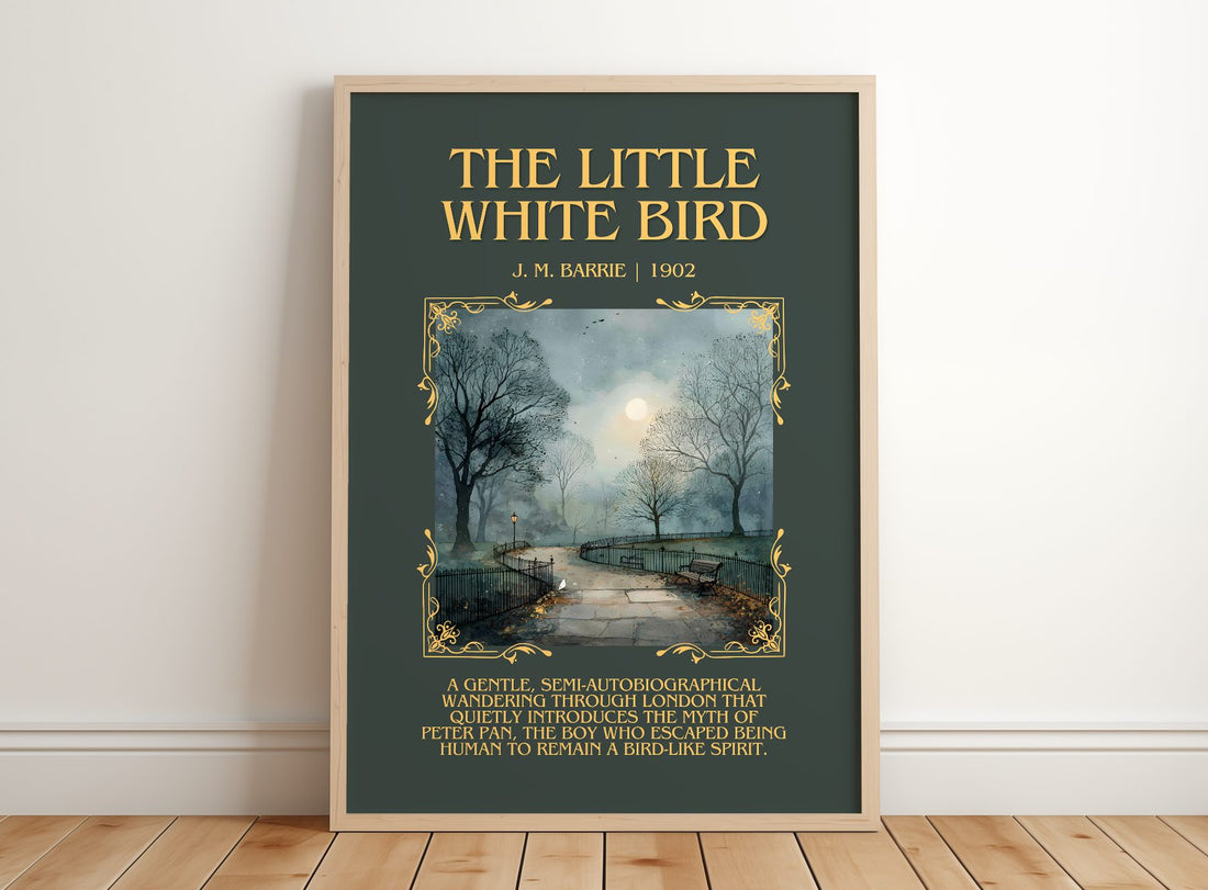 The Little White Bird Minimalist Book Poster by J. M. Barrie – framed print leaning on a wooden floor