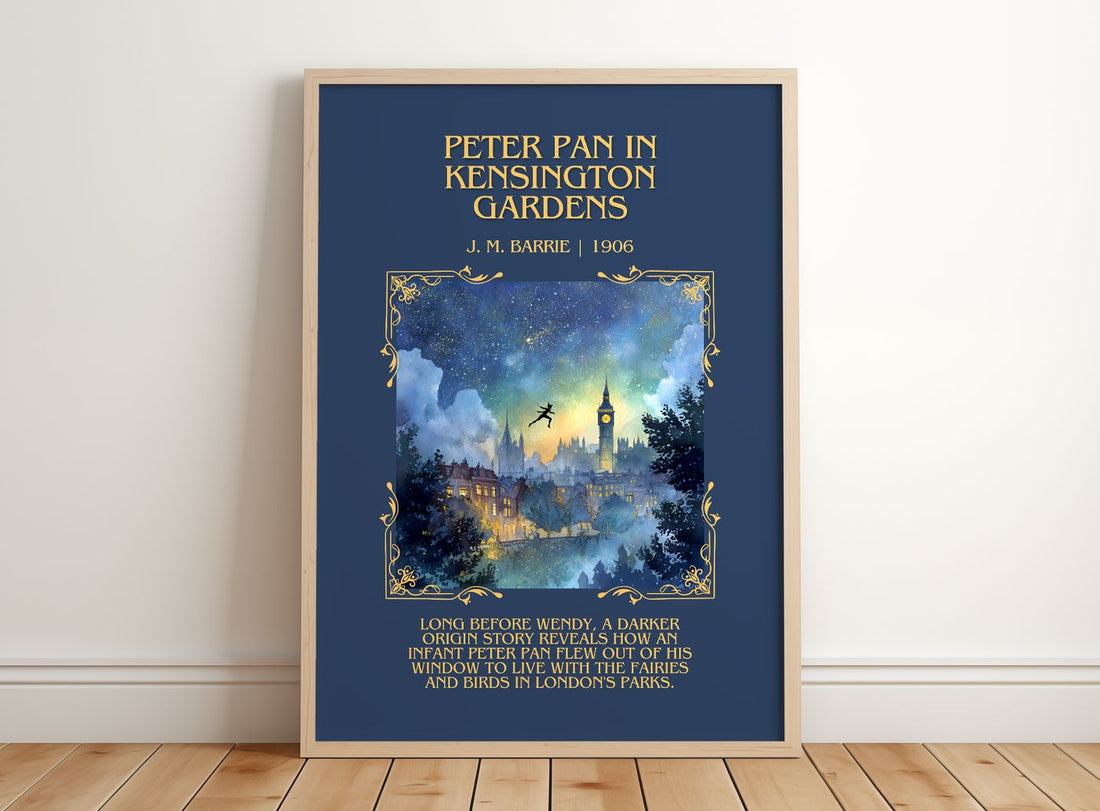 Peter Pan In Kensington Gardens Minimalist Book Poster by J. M. Barrie – framed print leaning on a wooden floor