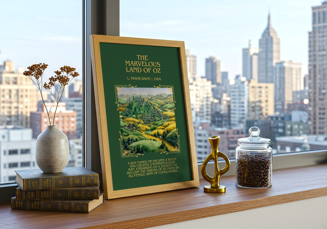 The Marvelous Land Of Oz Minimalist Book Poster by L. Frank Baum – framed print on a city-view windowsill