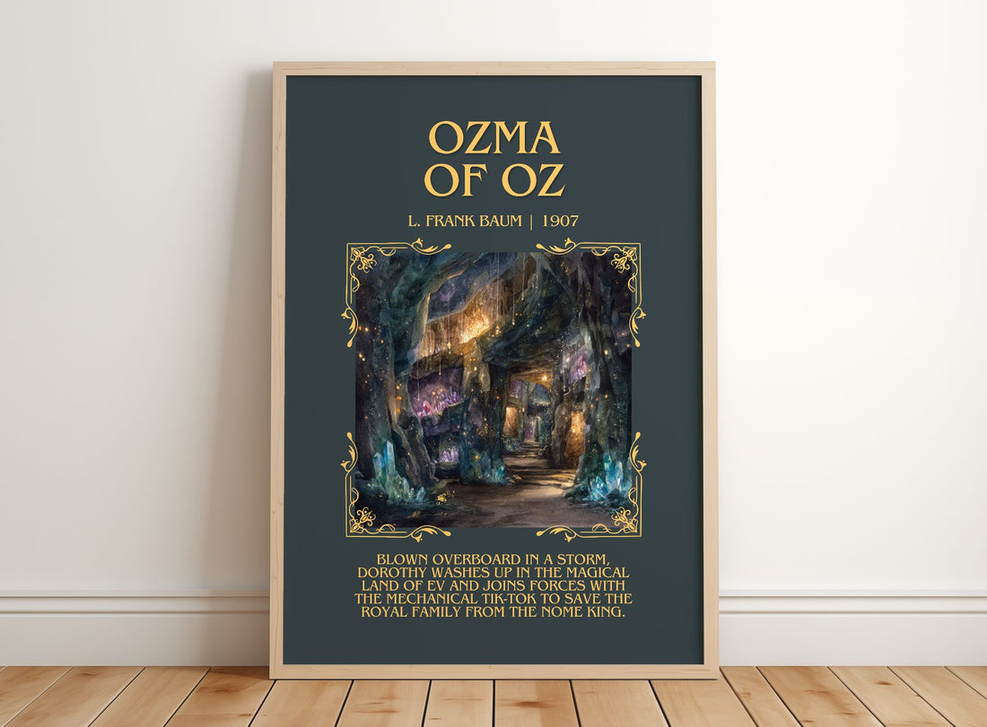 Ozma Of Oz Minimalist Book Poster by L. Frank Baum – framed print leaning on a wooden floor
