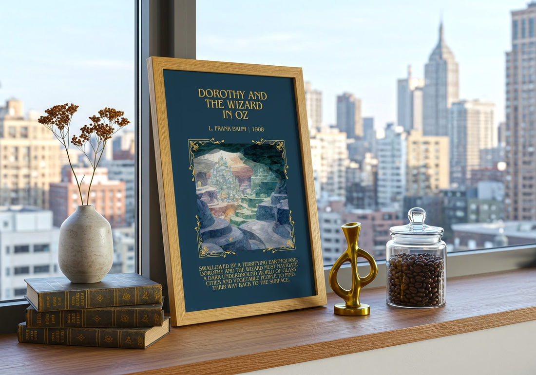 Dorothy And The Wizard In Oz Minimalist Book Poster by L. Frank Baum – framed print on a city-view windowsill