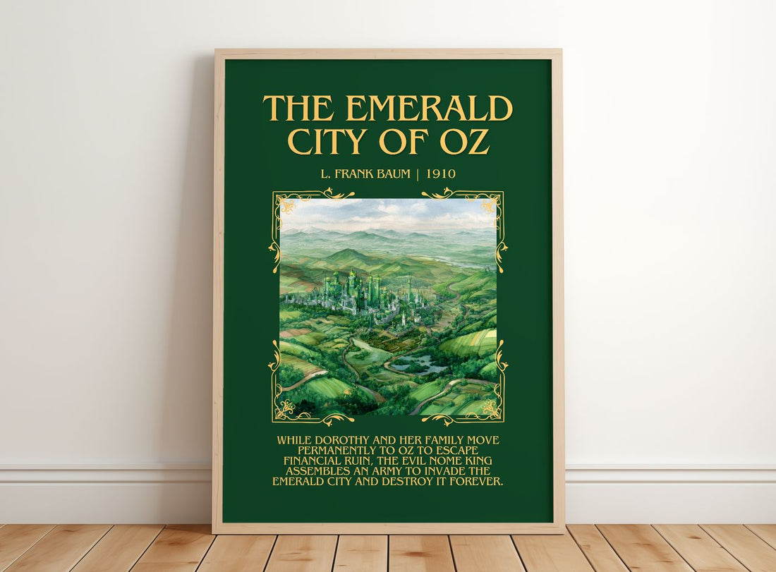The Emerald City Of Oz Minimalist Book Poster by L. Frank Baum – framed print leaning on a wooden floor