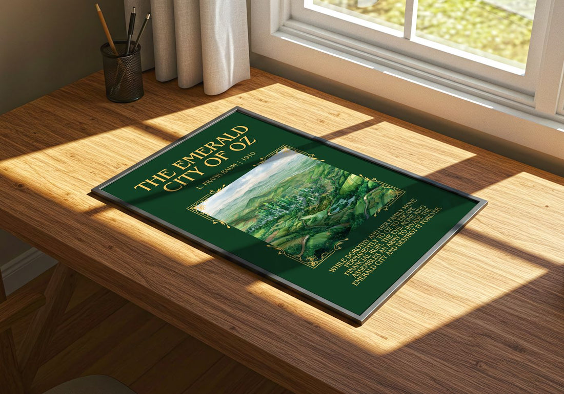 The Emerald City Of Oz Minimalist Book Poster by L. Frank Baum – print on a sunlit desk