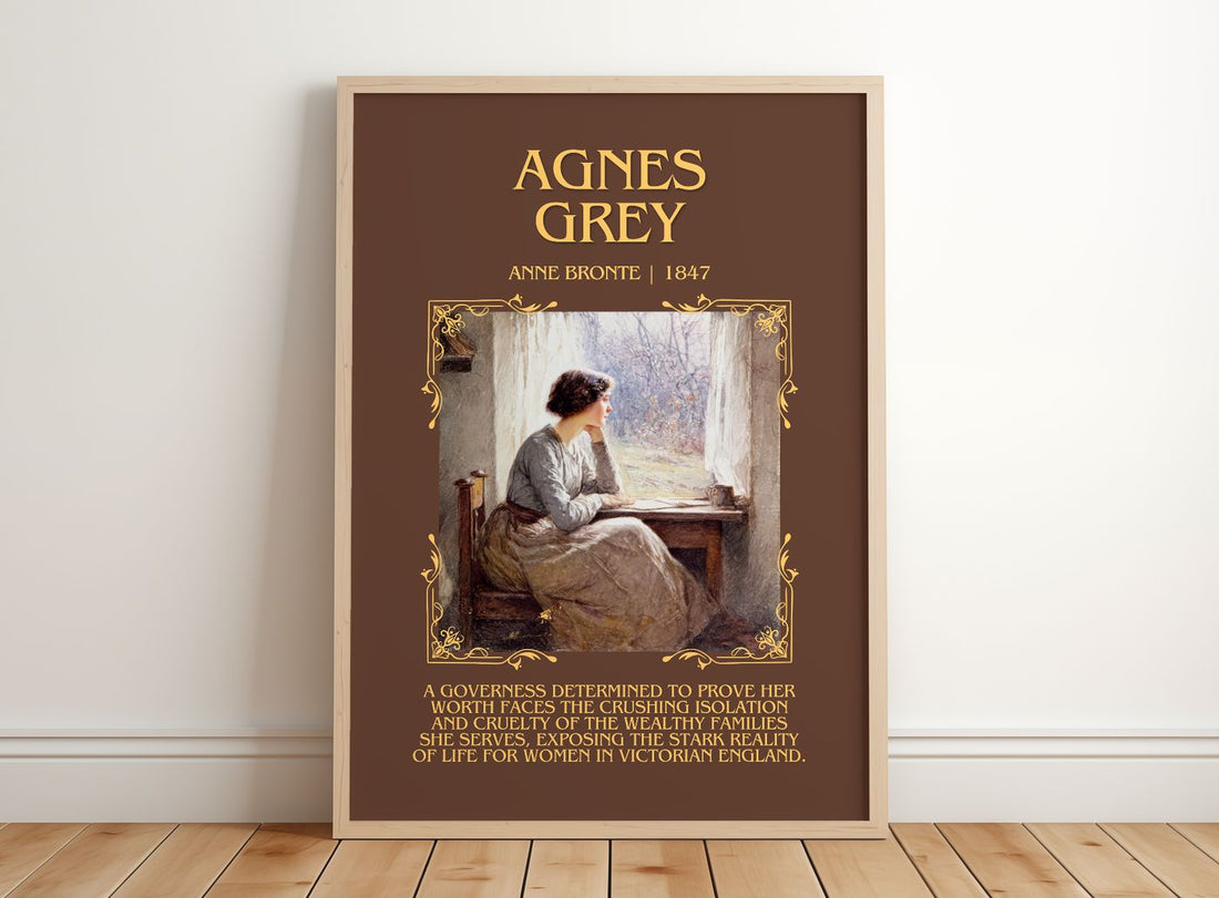 Agnes Grey Minimalist Book Poster by Anne Brontë – framed print leaning on a wooden floor