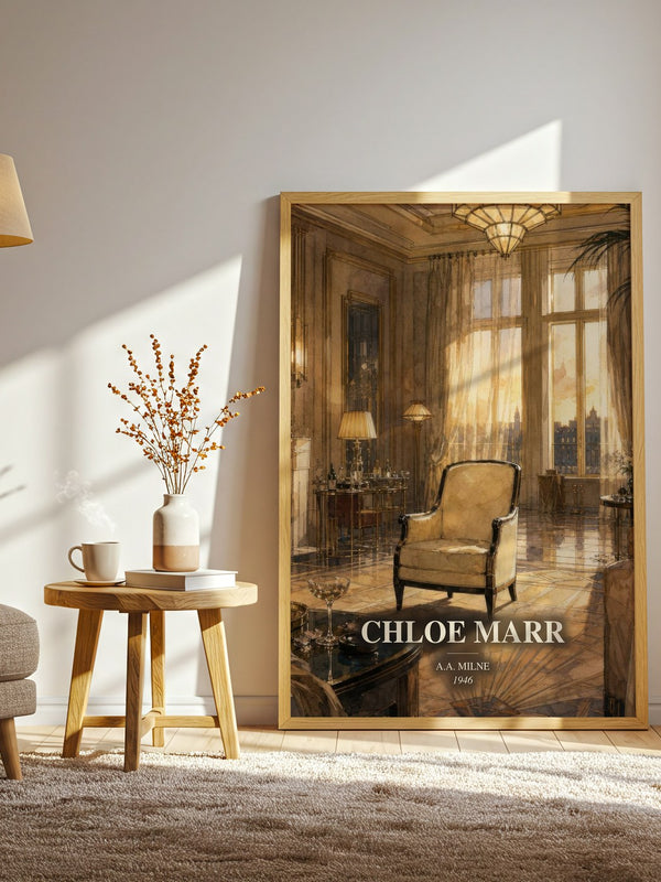 Chloe Marr watercolour print in frame leaning in hallway – literary fiction wall art