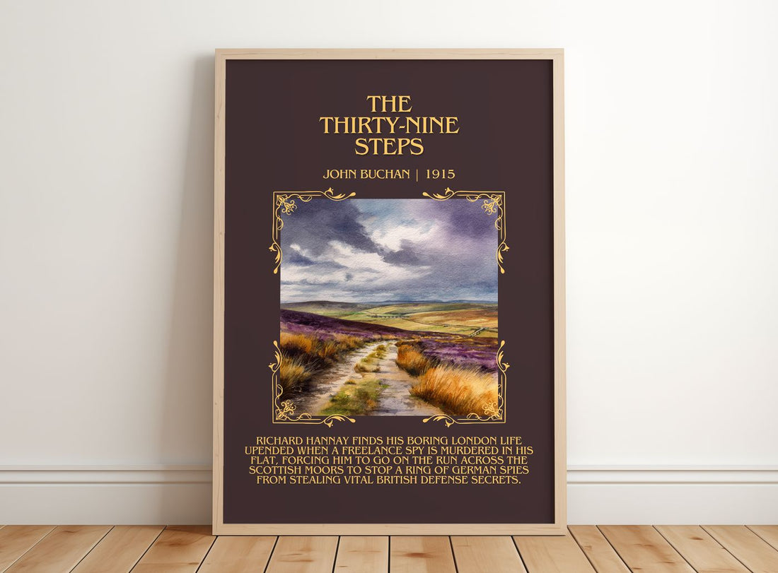 The Thirty-Nine Steps Minimalist Book Poster by John Buchan – framed print leaning on a wooden floor