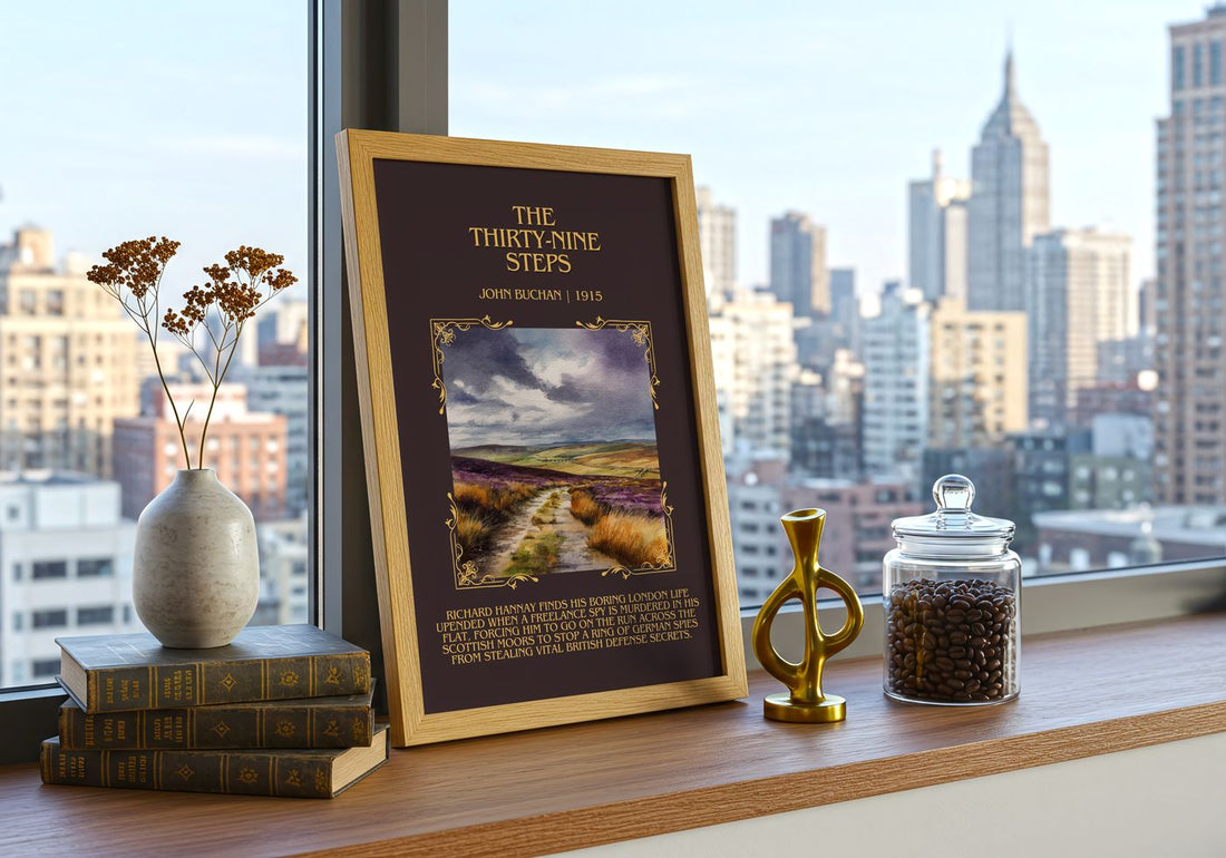 The Thirty-Nine Steps Minimalist Book Poster by John Buchan – framed print on a city-view windowsill
